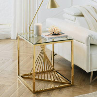 Farm on table Modern Glass End Table with Geometric Metal Frame, Accent Table Nightstand Corner Table