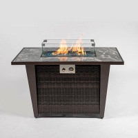 Red Barrel Studio 42Inch Rattan Fire Pit Table With Ceramic Tile Tabletop, Glass Wind Guard And Rain Cover, Lid