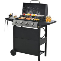 Sapphome 4-burner Propane Gas Bbq Grill With Top Cover Lid, Wheels, And Side Storage Shelves & Built-in Thermometer