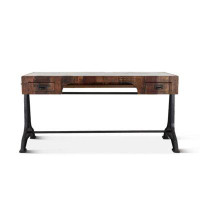 Williston Forge Melbourne Rustic Teak Wood Office Desk With Natural Marble Inlay
