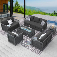 Bayou Breeze Alixander 6 Piece Outdoor Wicker Patio Sofa Set with Fire Pit Table and Ultra Thick Cushions