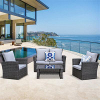 wendeway Patio Light Grey Sofa 4 Seat Couch Coffee Table Sofa Furniture Set With Rattan Wicker Outdoor