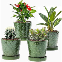 Latitude Run® Set Of 4 Ceramic Flower Planters - 5 Inch Pots With Drainage Hole And Ceramic Tray, Ideal For Gardening, H