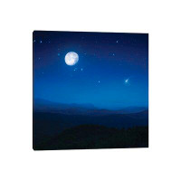 East Urban Home Mountain Range On A Misty Night With Moon, Starry Sky And Falling Meteorite. - Wrapped Canvas Print