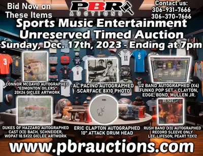Sports Music Entertainment Unreserved Timed Auction - Sunday, December 17th, 2023 - Ending at 7pm