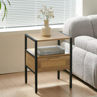 17 Stories 15.74" Rattan End Table With  Drawer, Modern Nightstand, Metal Legs,Side Table For Living Room, Bedroom