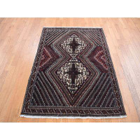 Isabelline 4'1"x5'9" Millennium Blue Vintage Persian Shiraz Intricate Design Pure Wool Hand Knotted Rug A67CC79557F849D5