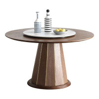 Orren Ellis Nordic simple solid wood round dining table with sintered stone turntable