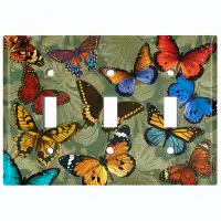 WorldAcc Metal Light Switch Plate Outlet Cover (Butterfly Damask Green - Triple Toggle)