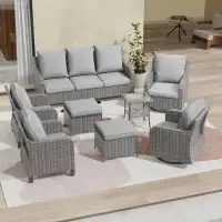 Red Barrel Studio 8 Pieces Patio Rattan Furniture Sectional Grey PE Wicker Ottoman Sofa Sets with Tables