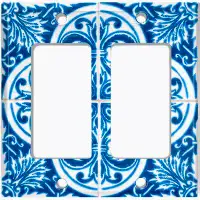 WorldAcc Metal Light Switch Plate Outlet Cover (Blue Damask Tile Leaves White  - Double Rocker)
