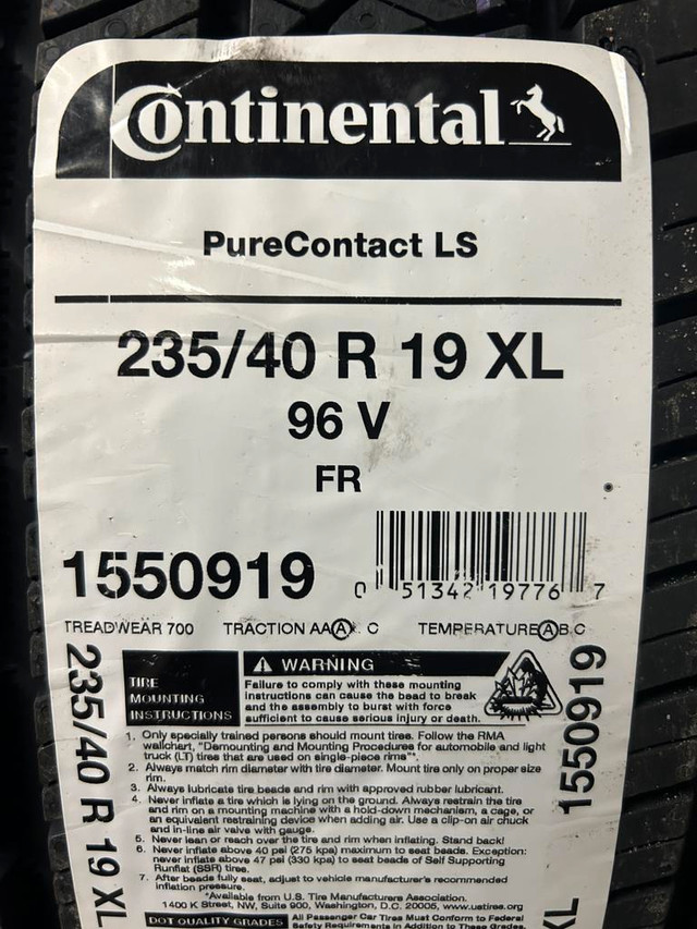 4 Brand New Continental Pure Contact LS 235/40R19 XL All Season $70 REBATE!!  *** WallToWallTires.com *** in Tires & Rims in Ottawa / Gatineau Area