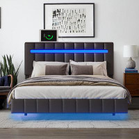 Ivy Bronx floating design Upholstered Platform Bed with USB charger port and Strip decorative headboard