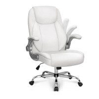 Inbox Zero White Ergonomic Executive Office Chair: PU Leather, Padded Flip Up Armrests, Adjustable Height, High Back Lum