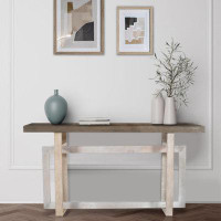 Gracie Oaks 59 Inch Artisan Sideboard Console Table With Geometric Interlocked Base, Distressed Matte Grey