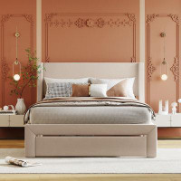 Latitude Run® Full Size Storage Bed Velvet Upholstered Platform Bed with a Big Drawer - Beige