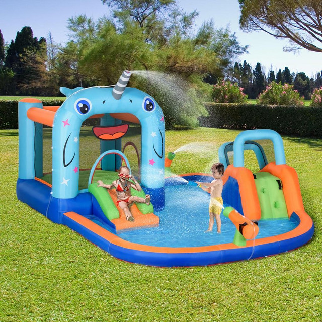 5-IN-1 INFLATABLE WATER SLIDE, NARWHALS STYLE KIDS CASTLE BOUNCE HOUSE INCLUDES WITH SLIDE TRAMPOLINE in Toys & Games - Image 2