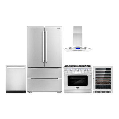 Cosmo 5 Piece Kitchen Package With 36" Freestanding Gas Range  36" Island Mount 24" Built-in Fully Integrated Dishwasher in Refrigerators