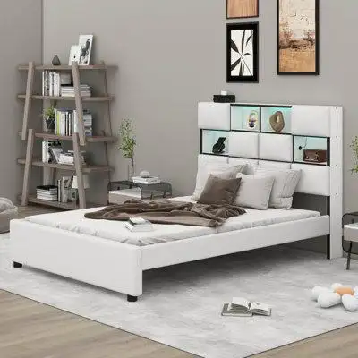 This platform bed frame comes with linen cover and is designed with a clean silhouette and a hue of...