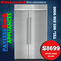 Kitchen Aid KBSN608ESS 48 Counter Depth Built In Side by Side Refrigerator 30.0  Cu. Ft. Capacity
