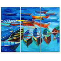 Design Art Boats in Blue Sea - 3 Piece Graphic Art on Wrapped Canvas Set