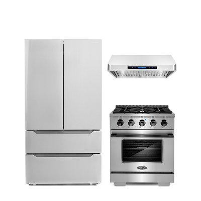 Cosmo 3 Piece Kitchen Package With 30" Freestanding Gas Range With Custom Handle And Knob Kit 30" Under Cabinet Range Ho in Refrigerators