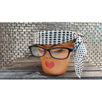 Sassy Soul Sister Lady with Reading Glasses, Closed Eyes, Side Scarf and Heart Lips Terracotta Head Planter