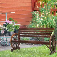 Red Barrel Studio Outdoor Rustic Wooden Bench With Wagon Wheel Arms