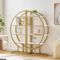 Mercer41 4 Tiers Open Bookshelf, Round Shape, Different Placement Ways, Gold Metal Frame, White
