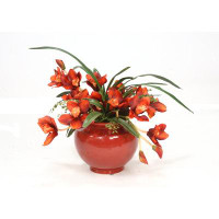 Distinctive Designs Rust Orchids With Maiden Hair Fern In Red Ceramic Planter