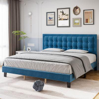 House of Hampton Full Size Velvet Upholstered Bed Frame With Adjustable Button Tufted Headboard - Noise Free Design And