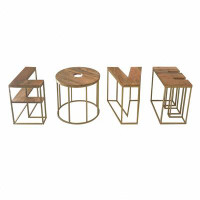 17 Stories 4pc LOVE Alphabet Design Coffee Table Set,Wood Top, Antique Brass Base
