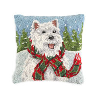 Plow & Hearth Holiday White Scottie With Scarf Hand-Hooked Wool Throw Pillow