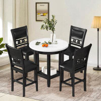 Red Barrel Studio 5-Piece Dining Table Set With One Faux Marble Top Round Dining Table And 4 PU-Leather Chairs