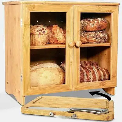 Shimano Bread Box For Kitchen Countertop, Comes With Thick Bamboo Cutting Board And Bread Knife. Rustic Bamboo Bread Box
