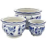 Charlton Home Set Of 3 Blue & White Round Floral Ceramic Pots Ruffled Lip