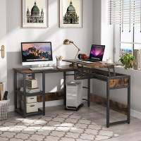 17 Stories Bnyt L Shaped Computer Desk with Lift Top, Height Adjustable Standing Desk with Storage Shelves for Home Offi