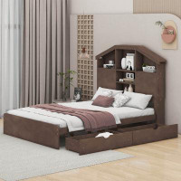 Mercer41 Full Size Wood Platform Bed With House-Shaped Storage Headboard And 2 Drawers