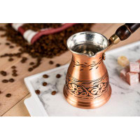ALFIQ Handmade Copper Coffee Pot with Wooden Handle | Manual Turkish Coffee Maker