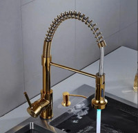 Pull-Down Spiral Flexible Kitchen Faucet 16.5 With LED Light And Soap Dispenser Shiny Gold Finish