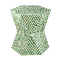 Rosecliff Heights 20 Inch Stool Table, Capiz Shell Inlay, Hexagonal Geometric Design, Green