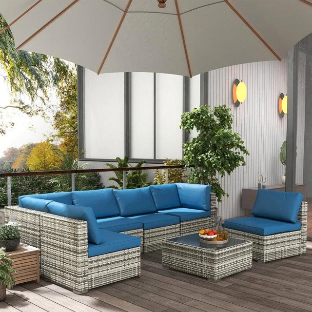 7pc PE Rattan Wicker Sectional Conversation Furniture Set w Cushions Outdoor Patio - Blue & Grey in Patio & Garden Furniture in Manitoba