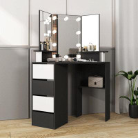 Ebern Designs 42in Corner Vanity Desk with Lights and Drawers