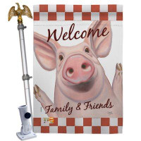 Breeze Decor Welcome Piggy - Impressions Decorative Aluminum Pole & Bracket House Flag Set HS110125-BO-02