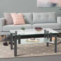 Wrought Studio Minimalist style Rectangle Glass Coffee Table with Lift Top and a shelf, for Living Room