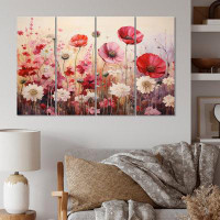 Design Art Coral Flower Field Ruby Garden I - Abstract Botanicals Metal Wall Art Set