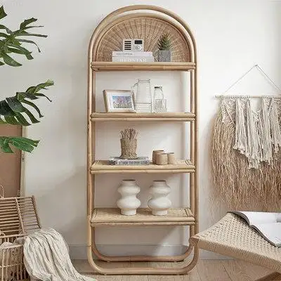 Everly Quinn Modern Simple Arch Beige Rattan Woven Bookcase