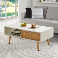 Bay Isle Home™ Rustic coffee table with sliding doors and wooden legs