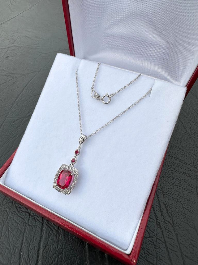 #319 - 14kt White Gold Syn. Ruby Pendant / Necklace 16” in Jewellery & Watches