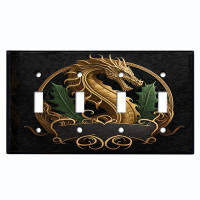 WorldAcc Metal Light Switch Plate Outlet Cover (Rustic Golden Dragon Crest  - Quadruple Toggle)